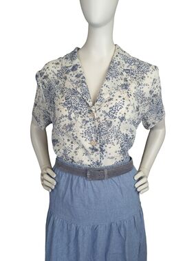 Vintage Laura Blue Cream Floral Blouse Romantic Feminine Coastal Boho Size 12